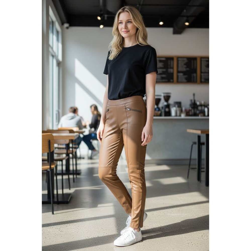 JustFab Faux Leather Moto Pants Brown Zip Ankle Skinny XS